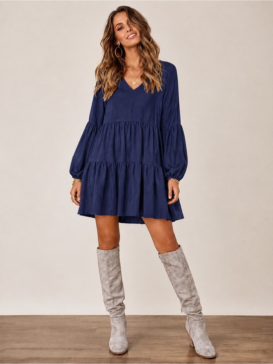 Arolina Dresses & Skirts - Navy Blue Tiered Babydoll Mini Dress Puff Sleeve Boho Cottagecore V Neck